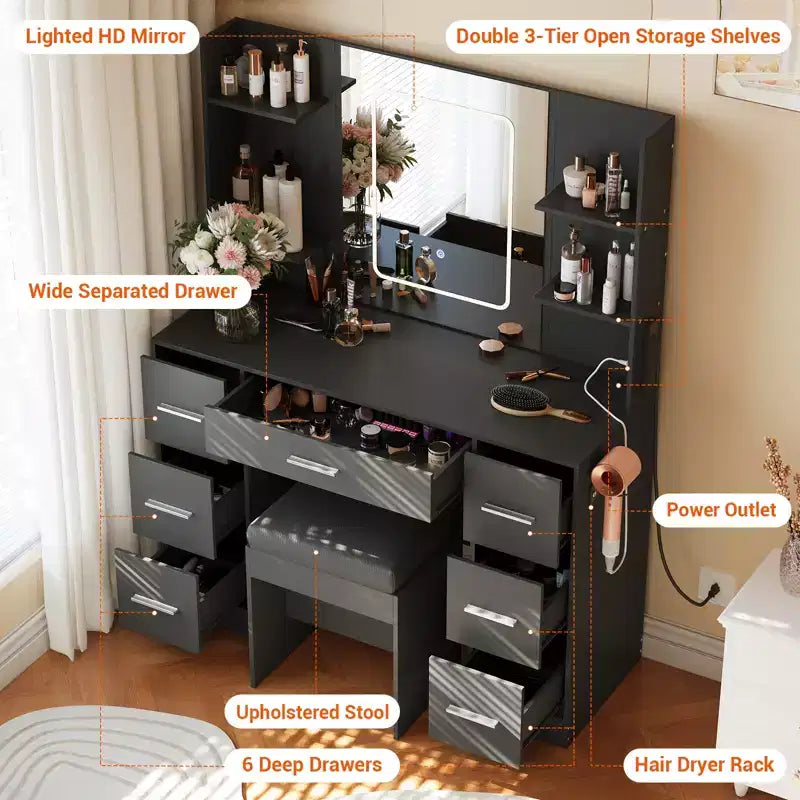 Makeup Vanity with Mirror and Chair, Hair Dryer Rack, 7 Drawers, 3 Lighting Modes Adjustable
