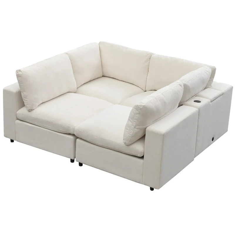 Beige Upholstered 4-Seater Modular Sectional Sofa with Wireless Charging