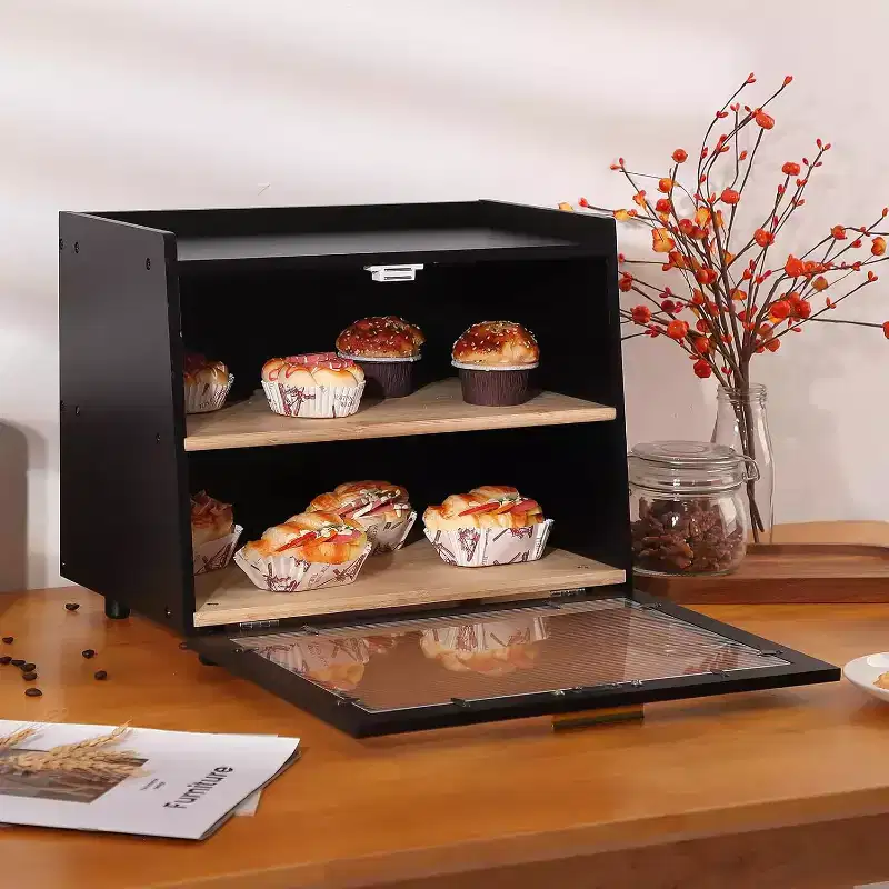 2-Layer Bamboo Bread Box with Acrylic Door, Bread Storage Container for Kitchen Countertop, Organizing Baguettes, Pastries & Baked Goods