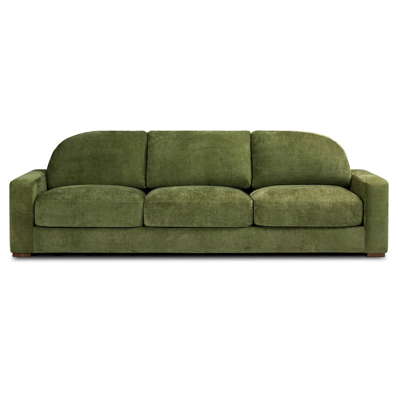 99-Inch Mid-Century Sofa – Distressed Green Velvet, Low-Profile, Sinuous Spring, Seats 3