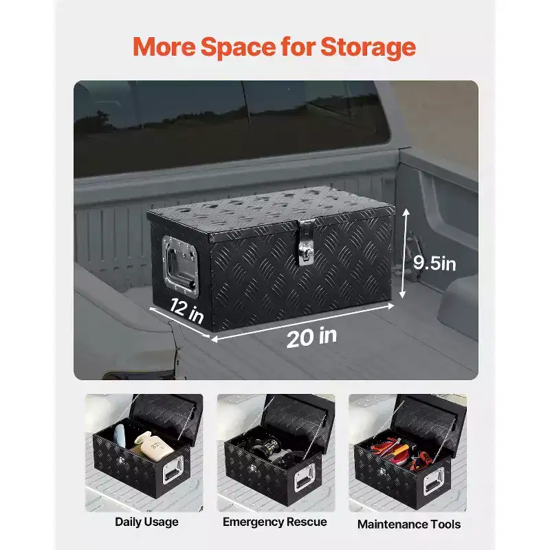 VEVOR Heavy Duty Aluminum Truck Bed Tool Box, Stripes Plated Tool Box with Side Handle and Lock Keys, Storage Toolbox Chest Organizer, Black