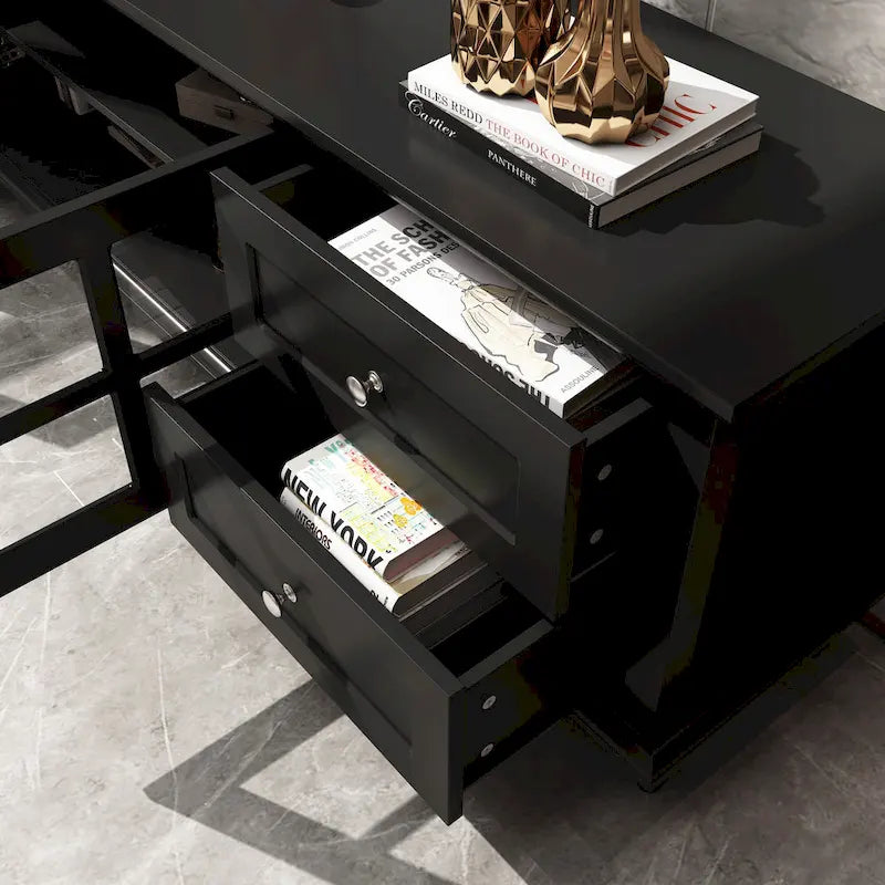 70.9-Inch TV Stand – White, Modern Style, Tempered Glass Doors & 4 Drawers