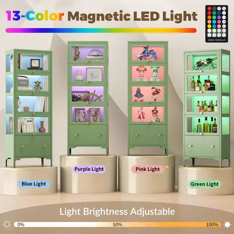 Bekrvio 67 Glass Doors Display Cabinet with Drawer & 13-Color RGB LED Lights, 5-Tier Metal Curio Cabinet for Collectibles, Figure, Toys, Books