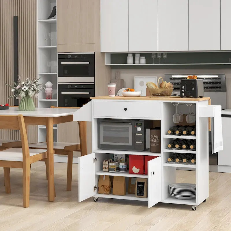 Kitchen Island Cart – White / Brown / Black, Drop-Leaf, Power Outlet, Wine Rack, Microwave Shelf, Casters