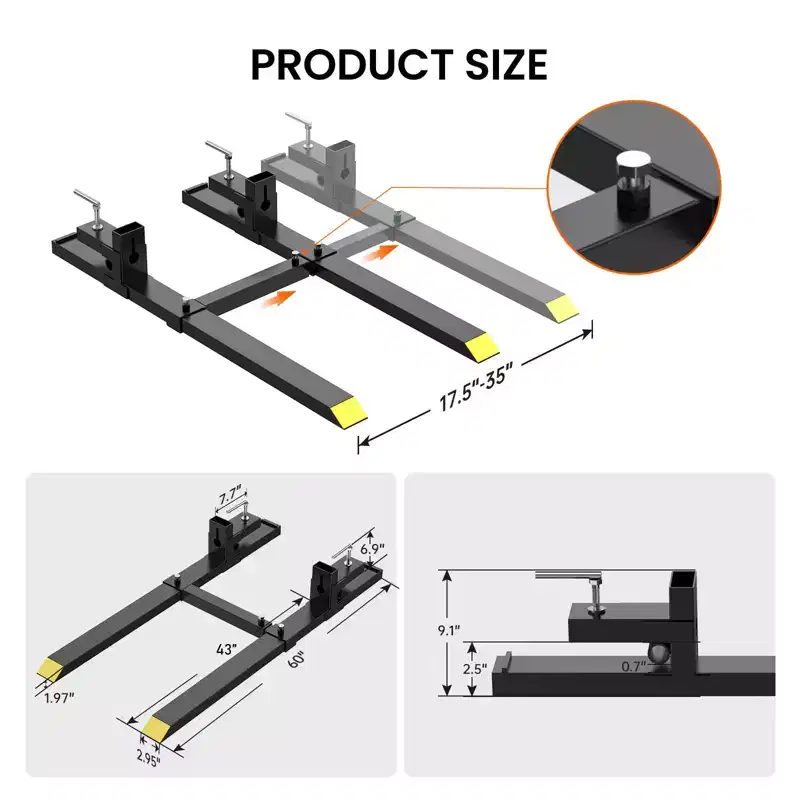 Pallet Forks 60 Heavy Duty  Tractor Bucket Clamp-On Forks with 4000 lbs Capacity, Adjustable Stabilizer BarSkid Steer Compatible Material Handling