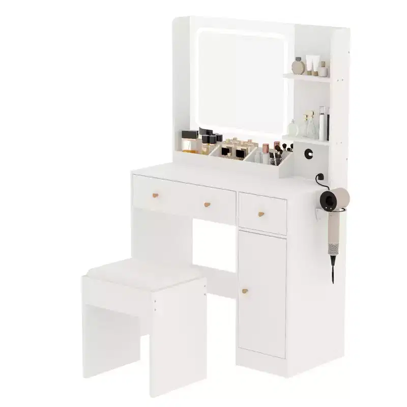 COZONY Makeup Vanity with Lights & Mirror, Vanity Table with Charging Station, Hair Dryer Holder, Storage Drawers & Shelves, Upholstered Stool