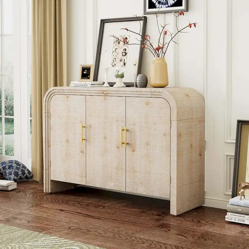 Natural Wood Wash / Antique Black Curved 3-Door Sideboard with Adjustable Shelves for 1–2 Person