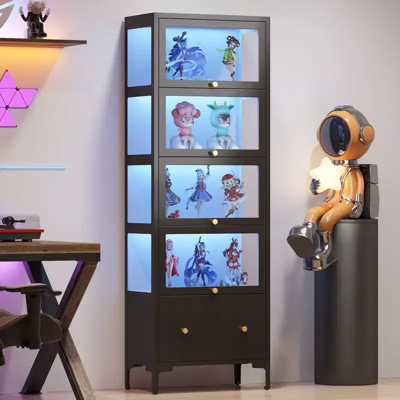 Bekrvio 67 Glass Doors Display Cabinet with Drawer & 13-Color RGB LED Lights, 5-Tier Metal Curio Cabinet for Collectibles, Figure, Toys, Books