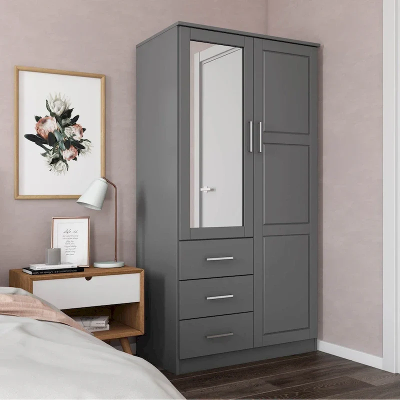 100% Solid Wood Metro Wardrobe Armoire – Solid Wood or Mirrored Doors, Multiple Finishes
