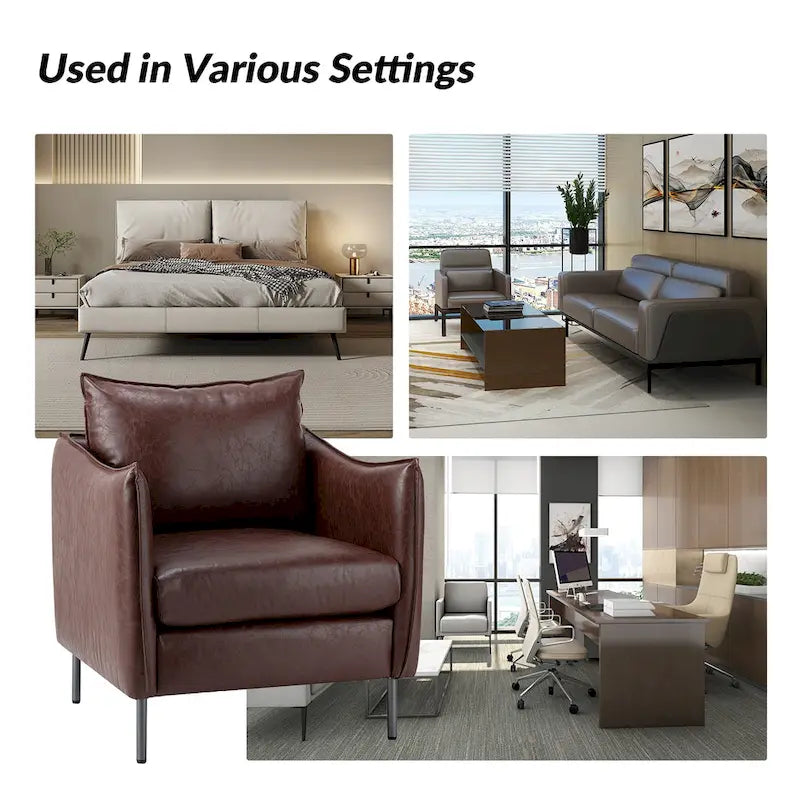 Modern Accent Chair – Black / Brown / Grey / Camel / Navy / Beige, Vegan Leather, Metal Legs, Seats 1