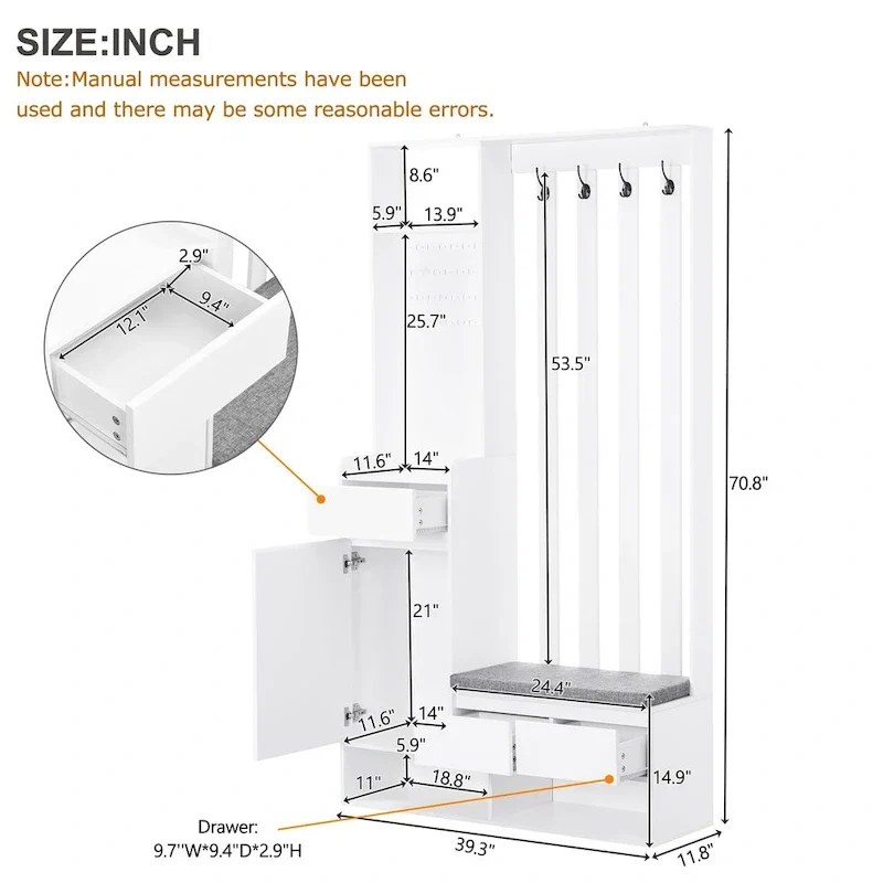 39.3Wx70.8H Hall Tree Storage with Cushioned Storage Bench,Multifunctional Hallway Shoe Cabinet,Pegboard,Coat Rack,4 Hooks