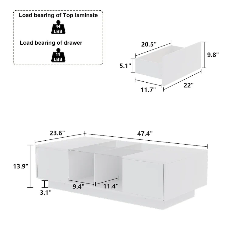 Coffee Table Storage High Gloss Coffee Tables LED Lighting Cocktail - 47.4W
