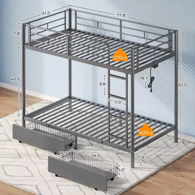 Metal Bunk Bed with Storage Drawers, Charging Station and LED Light - Safety Guardrail & Ladders