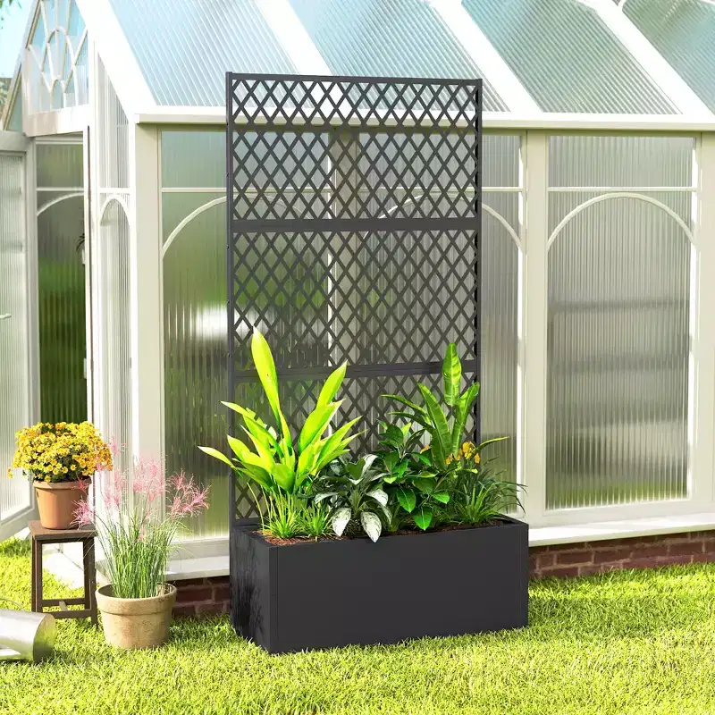 Outsunny Metal Planter Box with Trellis, Raised Garden Bed with Trellis Privacy Screen for Climbing Plants, Diamond Lattice Privacy Planter