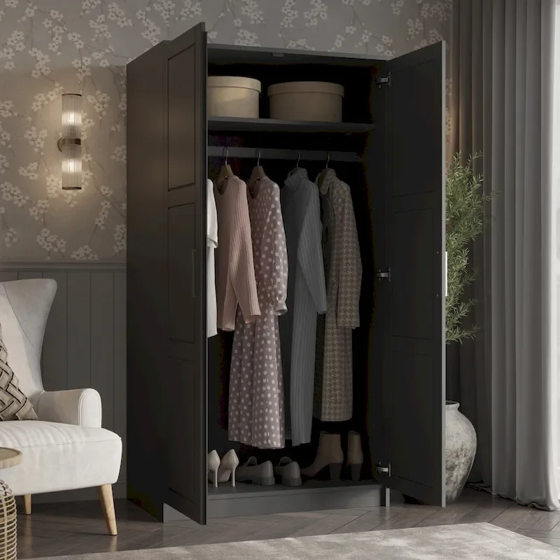 100% Solid Wood 2-Door Urban Wardrobe Armoire with Solid and Mirrored Doors
