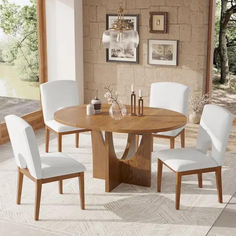 Modern Style Extendable Round Dining Table with Removable Leaf and Upholstered Dining Chairs