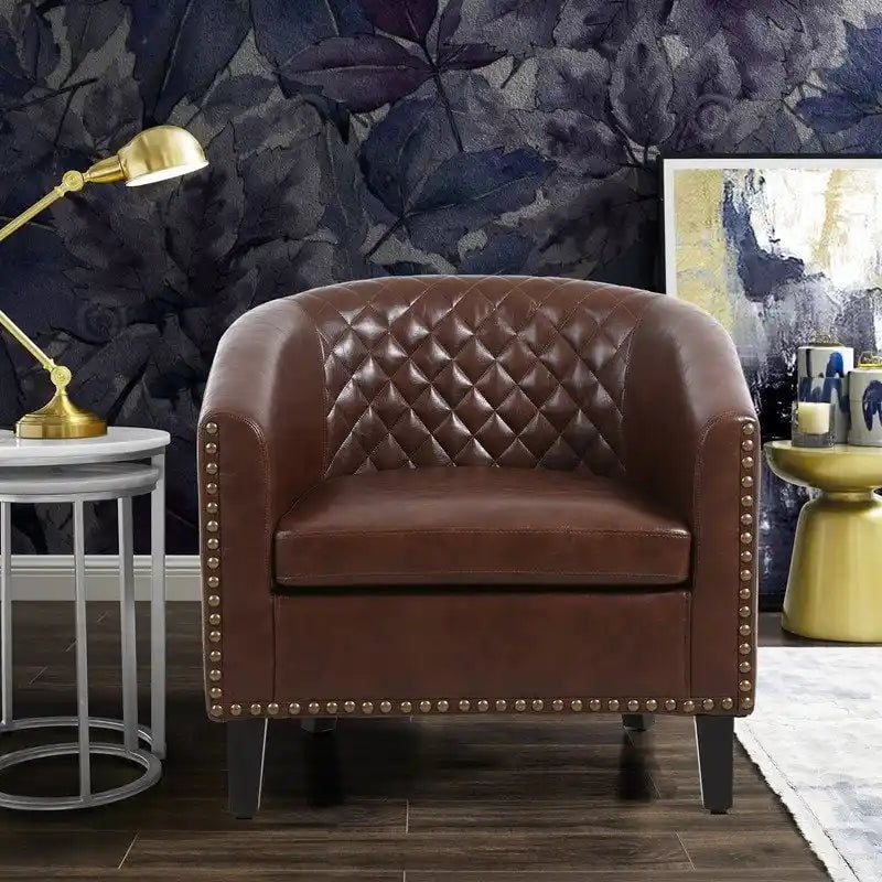 Barrel Accent Chair – Black / Brown / White, PU Leather, Nailhead Trim, Solid Wood Legs, Seats 1