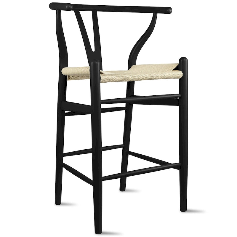 Solid Wood Countertop Height Barstool with Open Y Back, Farmhouse Woven Seat