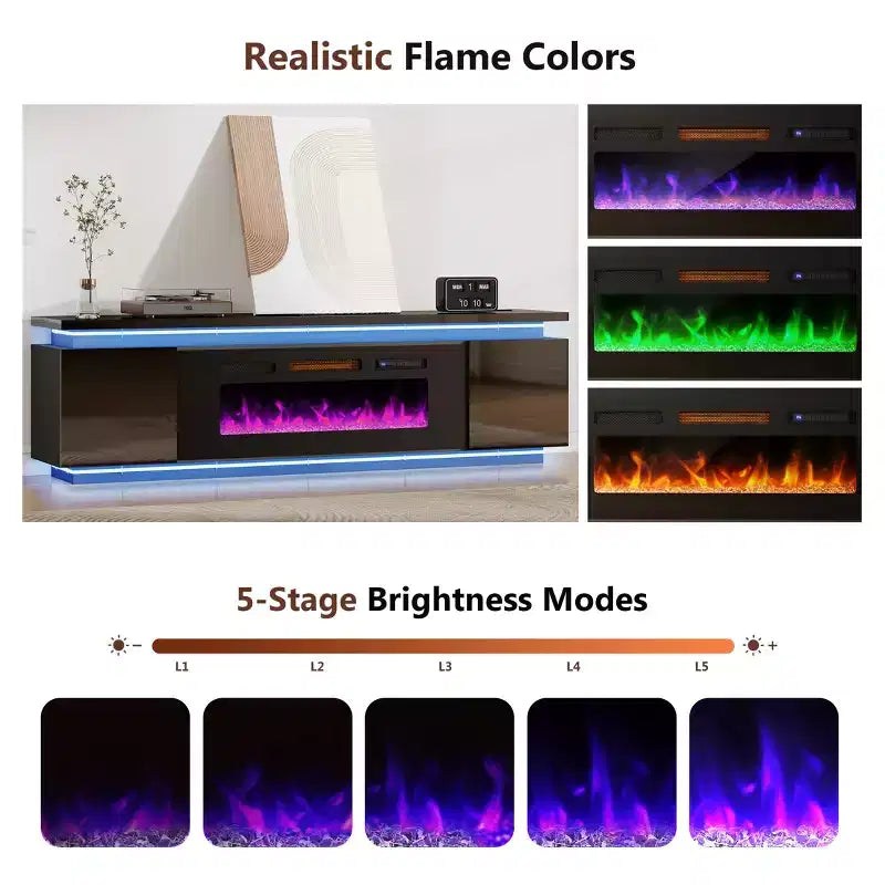 Skyzoo Electric Fireplace TV Stand for TVs up to 80 with LED Lights & 4 AC Power Outlets, TV console for Living Room