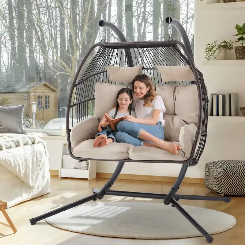 Outdoor Swing Loveseat with Stand, Foldable Hanging Chair, Hammock Cushion, and Awning, Double Egg Chair - Beige