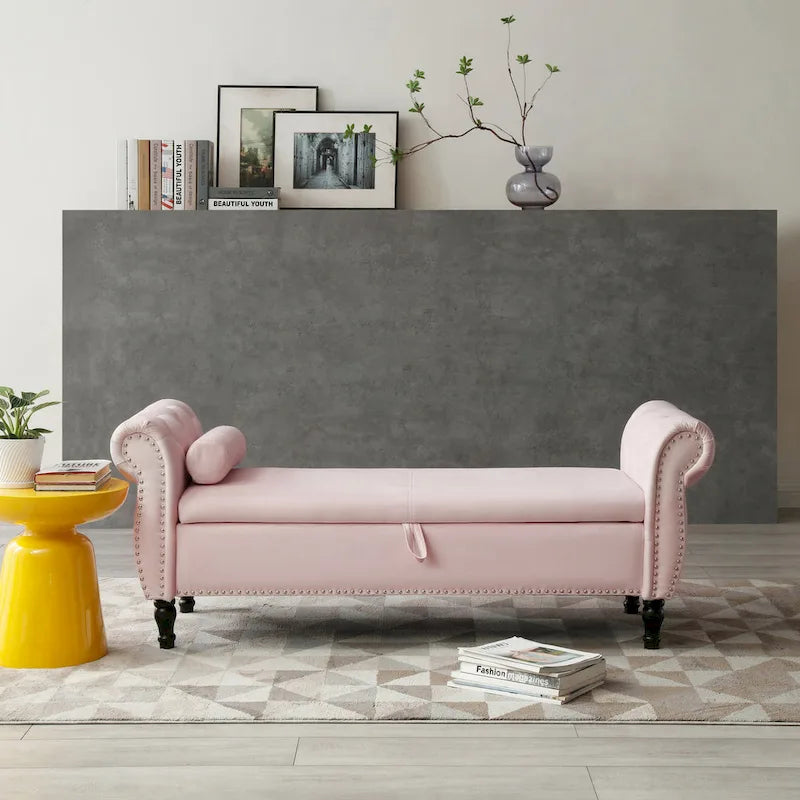 Upholstered Storage Ottoman Bench – Brown / Beige / Blue / Black / Grey / Pink, Velvet, Rolled Arms, Seats 2