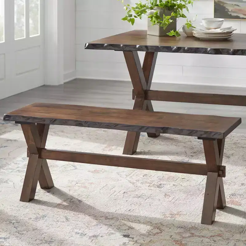 Buylateral Mandeville Rustic Live Edge Solid Wood Dining Bench Walnut: Wood Frame, Rectangular, Seats 2, Varnished Finish