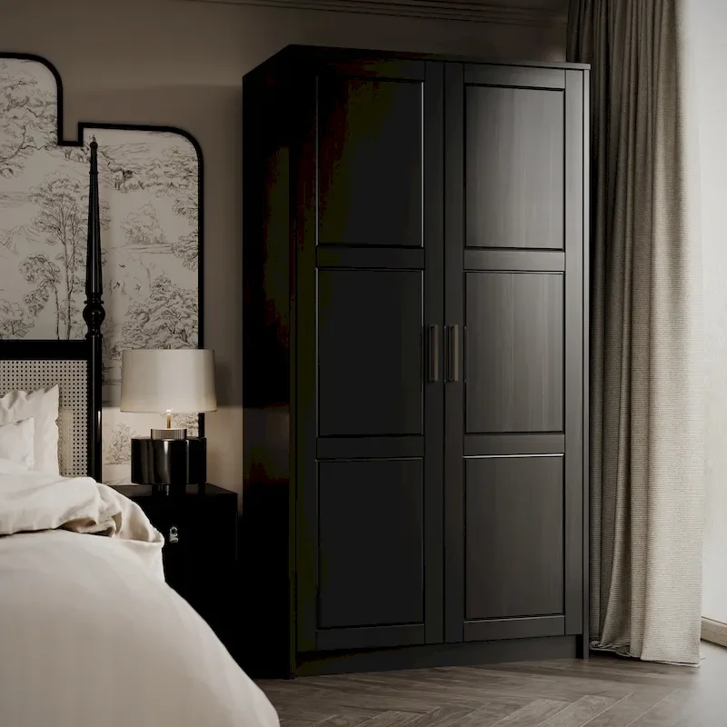 100% Solid Wood 2-Door Urban Wardrobe Armoire with Solid and Mirrored Doors