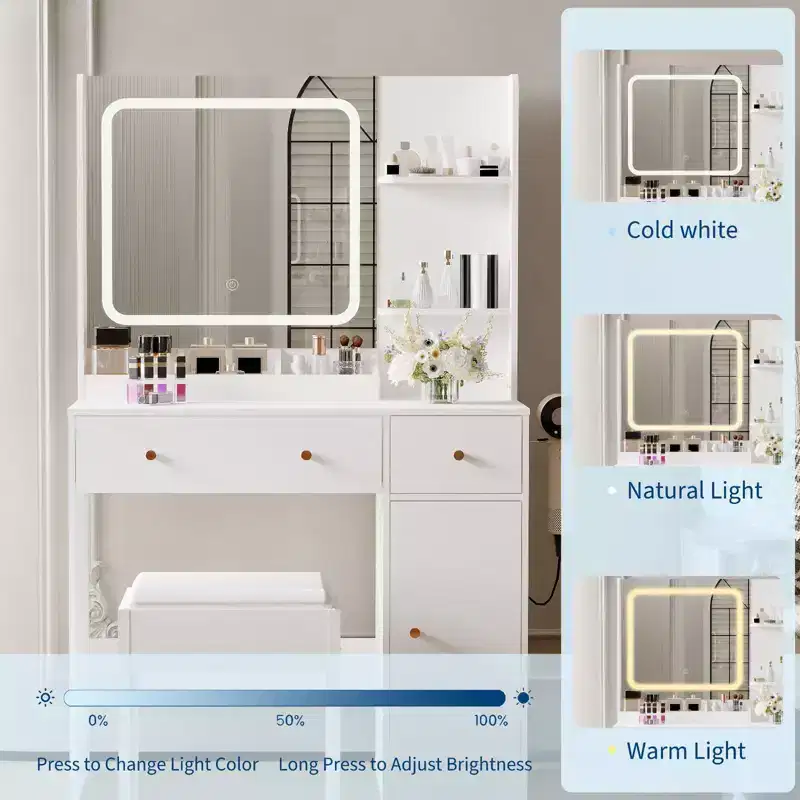 COZONY Makeup Vanity with Lights & Mirror, Vanity Table with Charging Station, Hair Dryer Holder, Storage Drawers & Shelves, Upholstered Stool