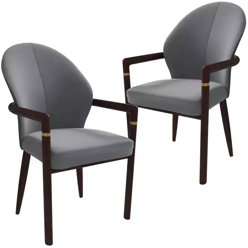 LeisureMod Opaline Set of 2 Wooden Dining Arm Chairs with Leather or Velvet Upholstery, Modern Accent Chairs for Dining Rooms