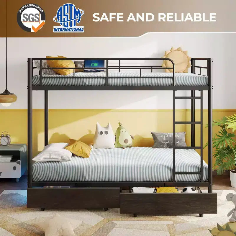 Metal Bunk Bed with Storage Drawers, Charging Station and LED Light - Safety Guardrail & Ladders