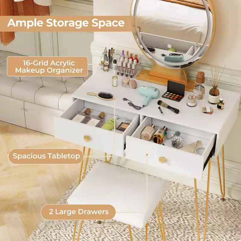 Vanity Makeup Dressing Table with 3 Lighting Modes Mirror Touch Switch White