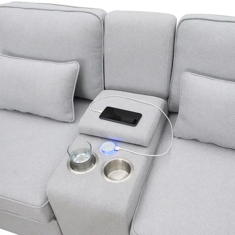 114.2 Upholstered Sofa with Console, Cup Holders and USB Charging