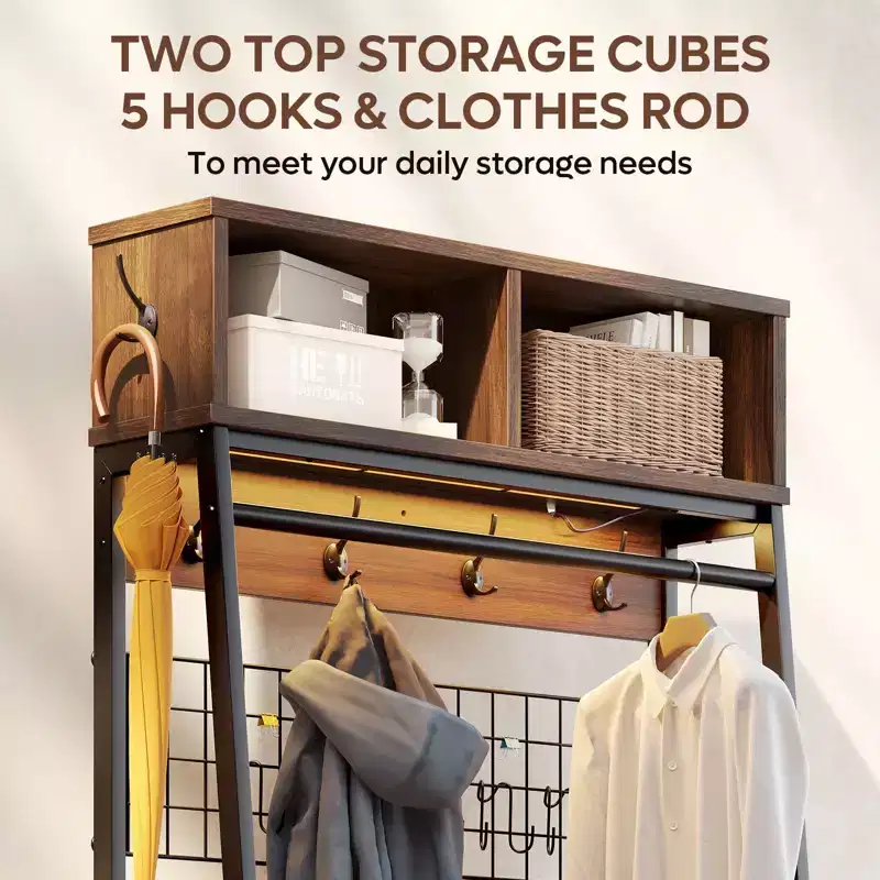 Bestier Coat Rack with Shoe Storage Bench, 70 Hall Tree with Shelves, Clothes Hanger Stand for Jackets & Cats, 5-in-1 Entryway Organizer with Hooks