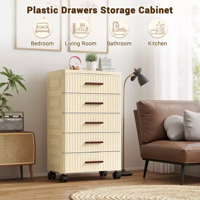 5-Tier Multifunctional Storage Cabinet in Cream - Mobile Organizer for Bedroom & Living Room with Drawers for Toys, Books, Clothes&Snacks