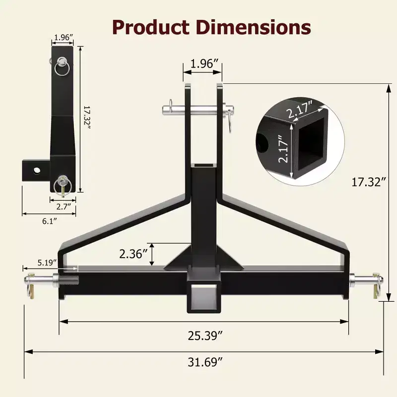 3 Point 2 Trailer Hitch Receiver Heavy-Duty for Category 1 Tractors Compatible with Kubota, BX, LM25H, WLM Tractor, NorTrac, Yanmar, Kioti, Cat
