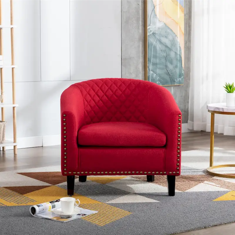 Accent Barrel chair living room chair with nailheads and solid wood legs