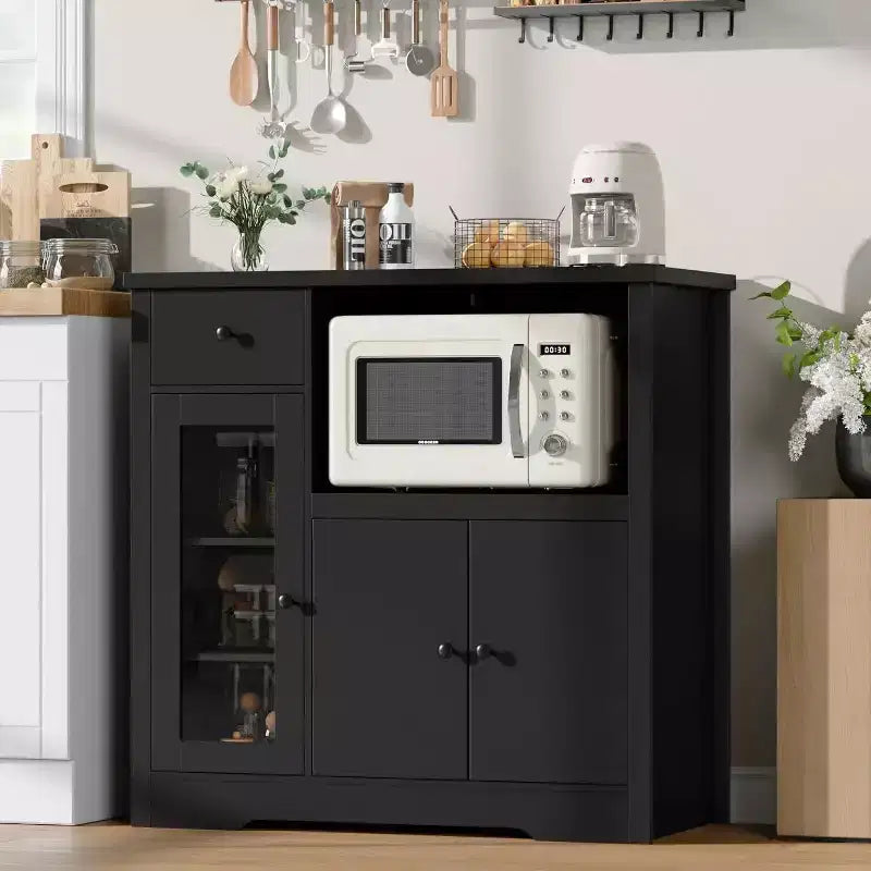 Kitchen Microwave Cabinets with Storage,with 3 Doors,1 Drawer and Adjustable Shelves, Pantry Storage Cabinet