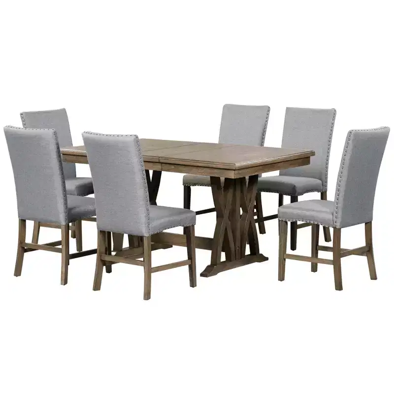 7 PCS Extendable Dining Set for 6, Dining Table Set with 6 Upholstered Dining Chairs, Mid-Century Style, Golden Brown+Gray-ModernLuxe