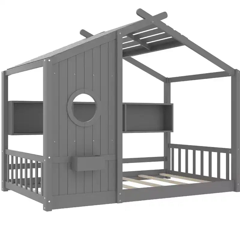 Floor House Bed with Built-In Storage Shelves & Slatted Roof