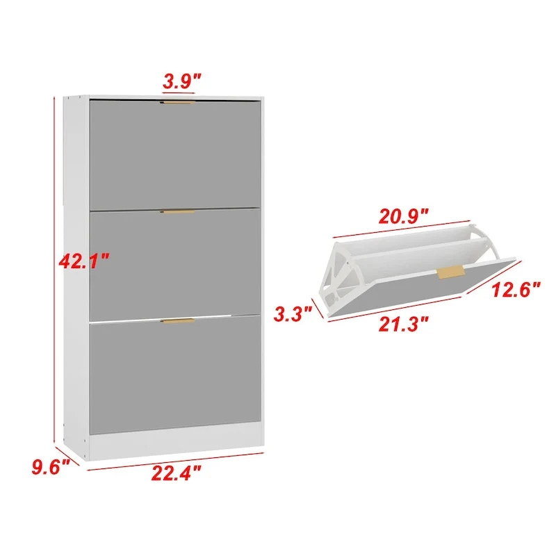 Shoe Cabinet with 3 Mirrored Flip Drawers, Free Standing Slim