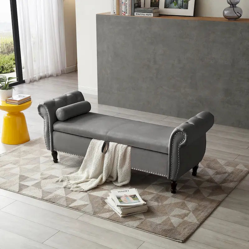 Upholstered Storage Ottoman Bench – Brown / Beige / Blue / Black / Grey / Pink, Velvet, Rolled Arms, Seats 2