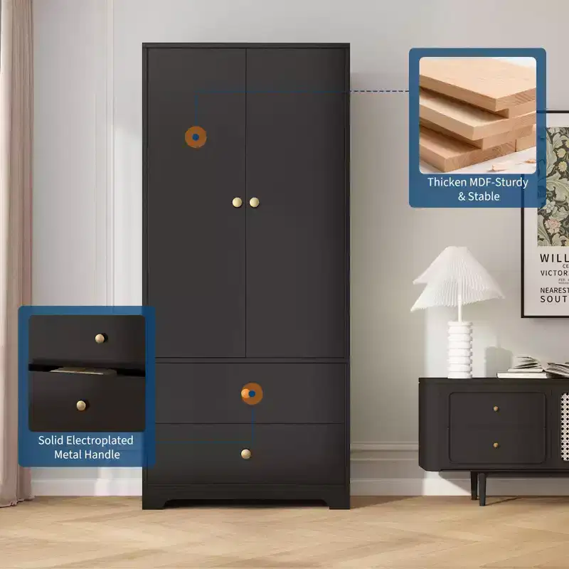 2-Door Wardrobe Storage Cabinet, Flat Panel MDF Sideboard Buffet Cabinet for Bedroom, Dining Room and Home