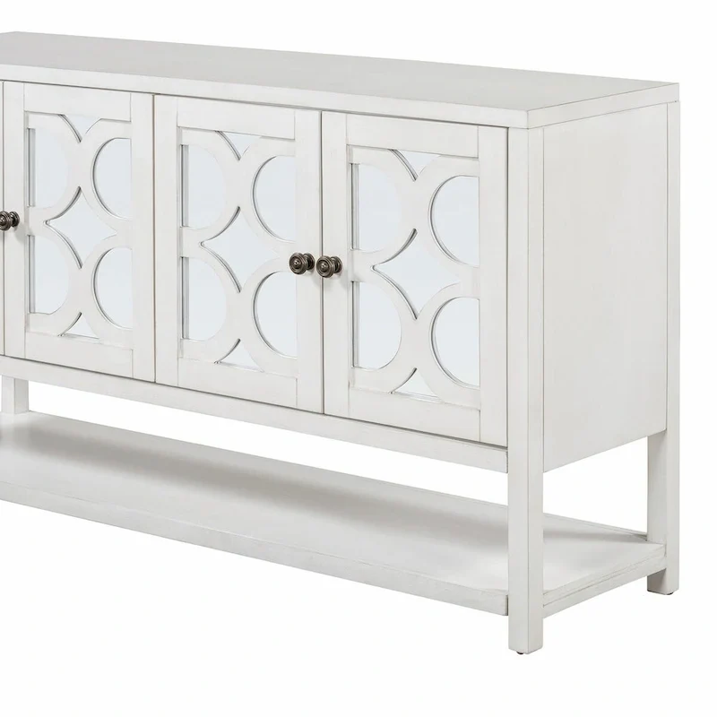 Elegant Retro Console Table with Mirrored Doors, Spacious Shelves and Durable Acacia Wood Legs