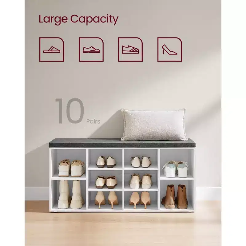Shoe Storage Bench Shoes Organize with 10 Cushion and Cushion Seat