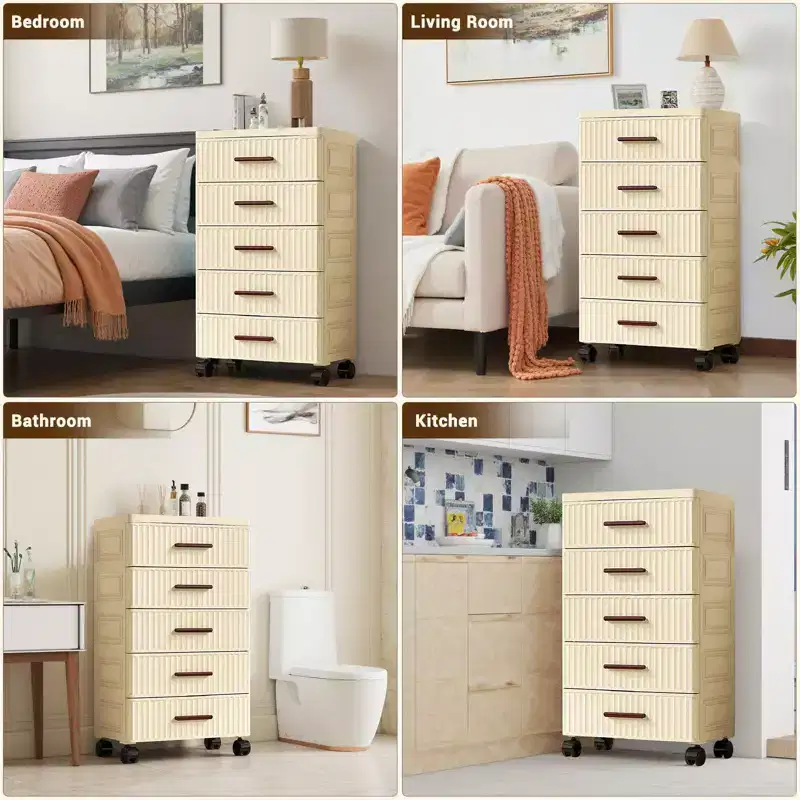 5-Tier Multifunctional Storage Cabinet in Cream - Mobile Organizer for Bedroom & Living Room with Drawers for Toys, Books, Clothes&Snacks