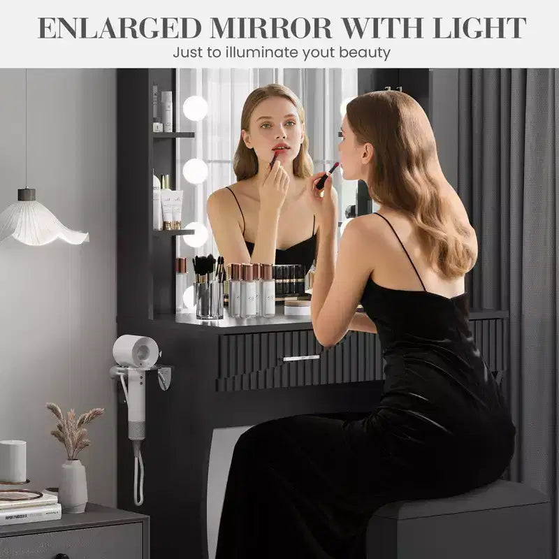 Makeup Vanity Desk with Mirror and Lights, Vanity Table with 2 Drawers, 6 Shelves, Hair Dryer Holder & Stool,Dressing Table Furniture for Bedroom