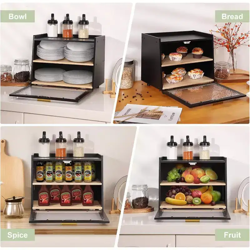 2-Layer Bamboo Bread Box with Acrylic Door, Bread Storage Container for Kitchen Countertop, Organizing Baguettes, Pastries & Baked Goods