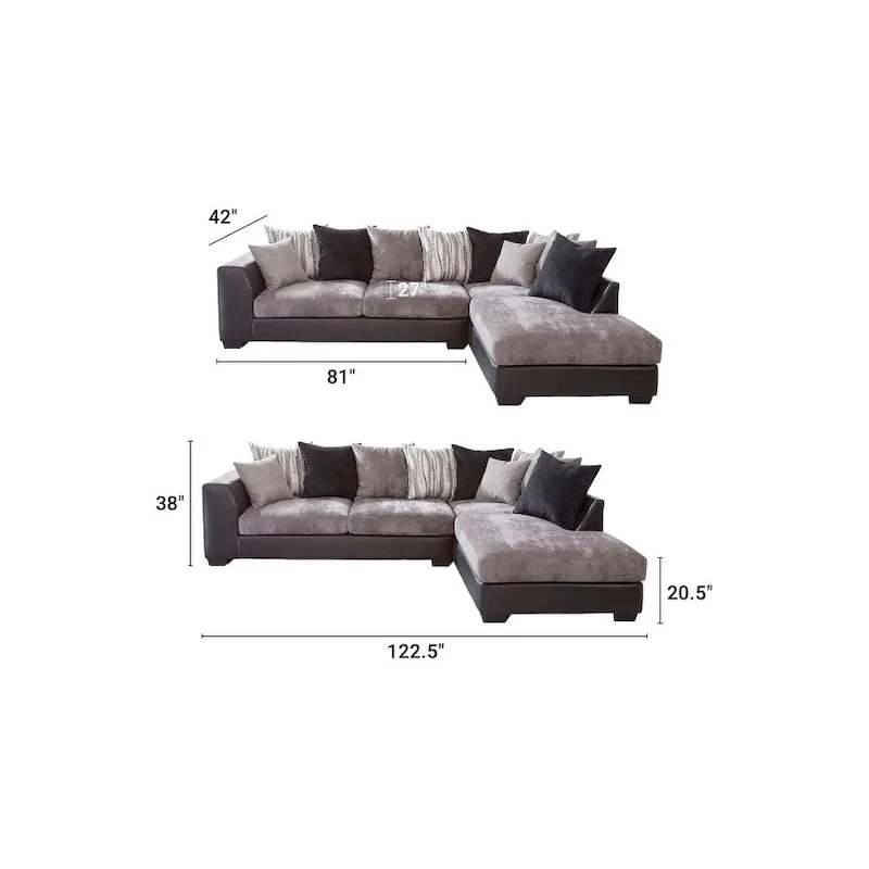L-Shaped Sectional Sofa with Chaise, Charcoal and Black