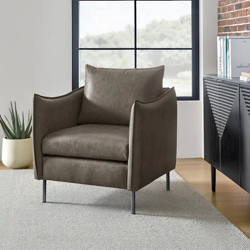Modern Accent Chair – Black / Brown / Grey / Camel / Navy / Beige, Vegan Leather, Metal Legs, Seats 1