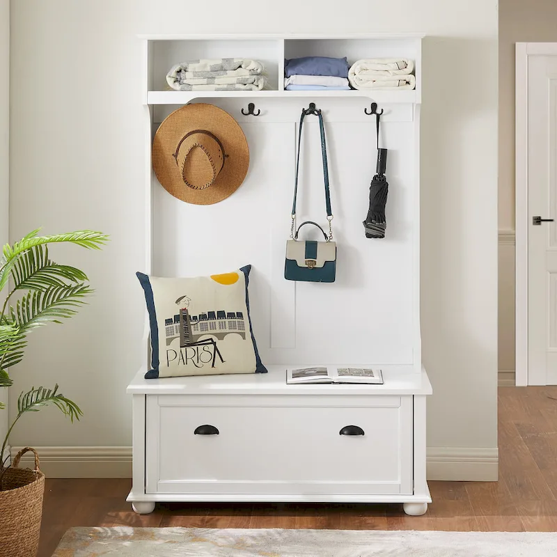 Coastal Style Hall Tree Entryway Bench with Shelves and Shoe Cabinets